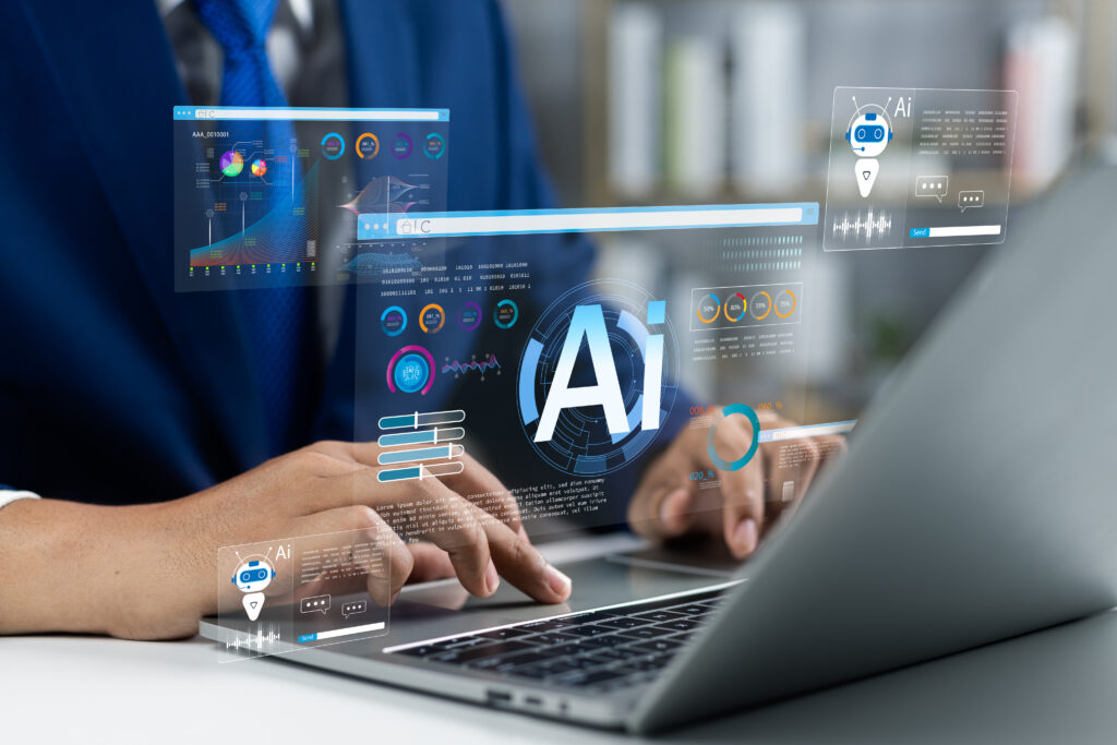 Businessman use artificial intelligence AI technology for enhanced work efficiency data analysis and efficient tools, Unlocking work potential with AI solutions chatbot help solve work problems. a business man using AI