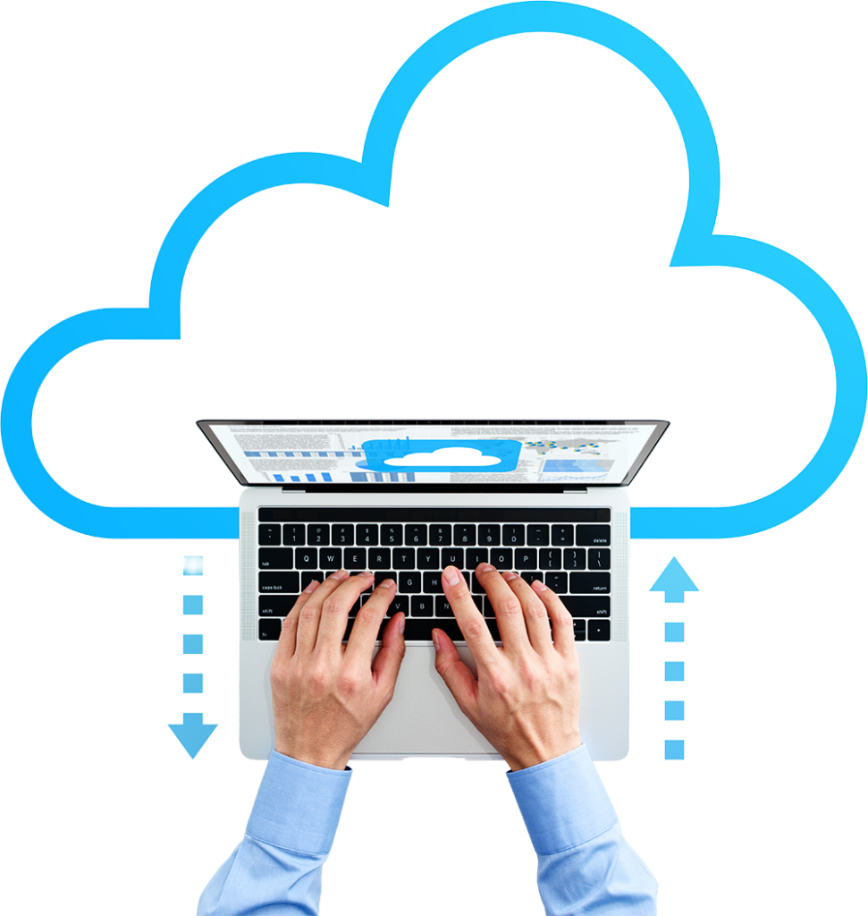 a man typing on a laptop with a cloud shape in the background