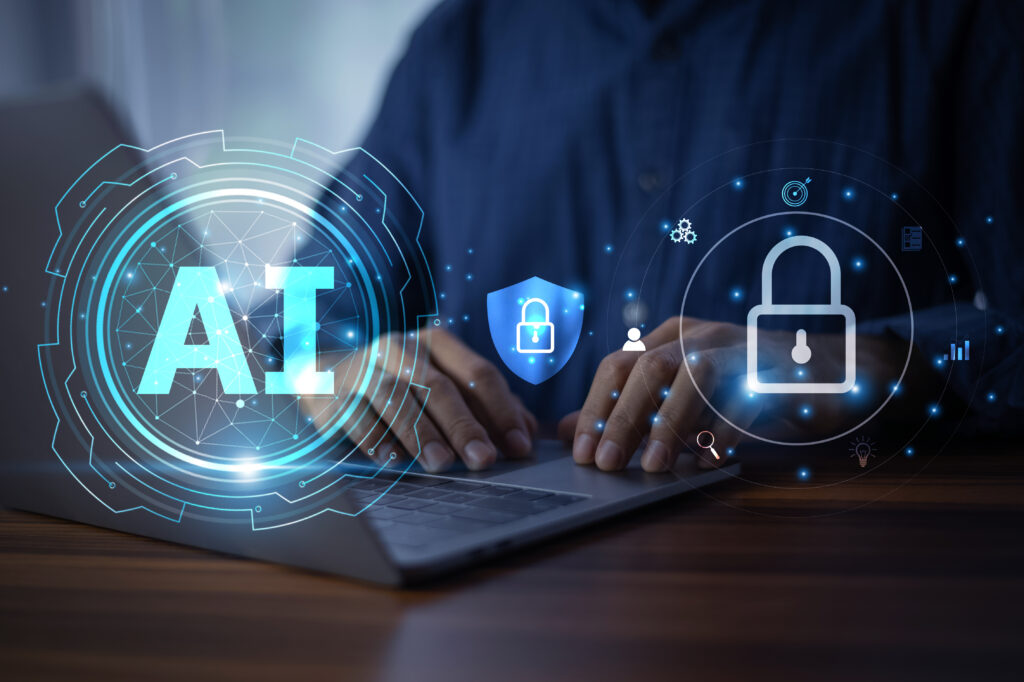 Businessman utilizing AI algorithms to protect privacy and manage data security efficiently. AI technology for data security AI and lock symbols floating above a person typing on a laptop.